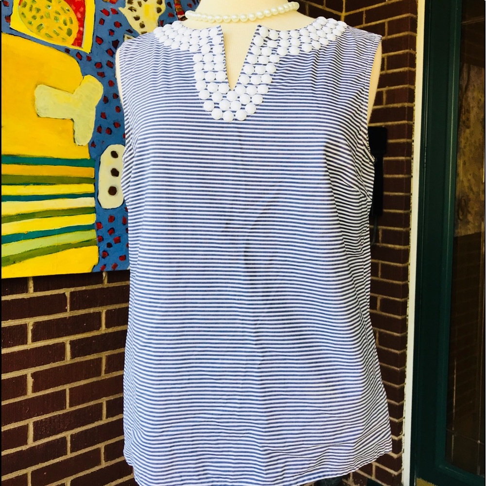 Talbots Striped Sleeveless Top with White Beads - Picture 6 of 8